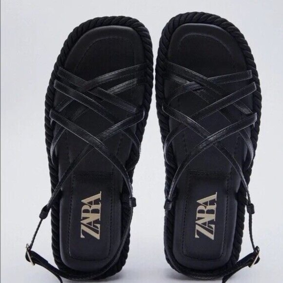 NWT Zara Black Leather Rope Flatform Sandals - Picture 2 of 6